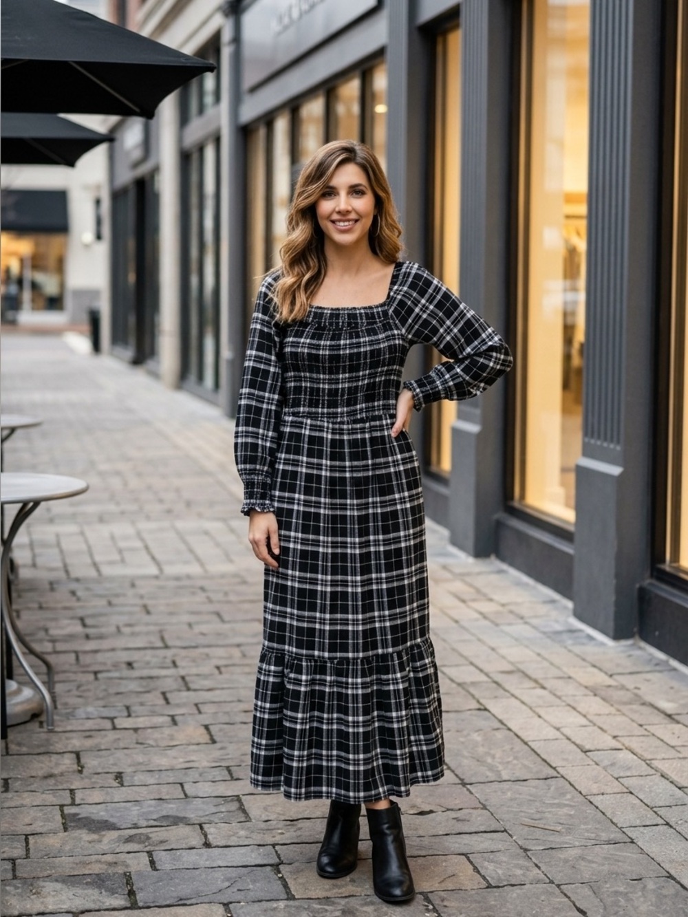 Lucky Brand Black and White Plaid Smocked Maxi Dress Size M